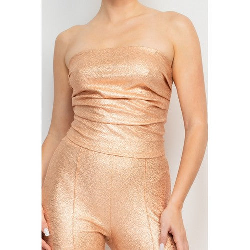 Metallic Snake Print Pleat Crop Top in Champagne Gold