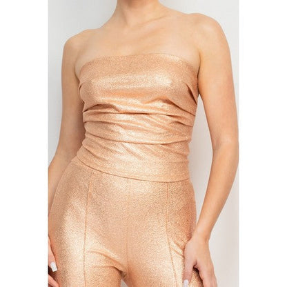 Metallic Snake Print Pleat Crop Top in Champagne Gold