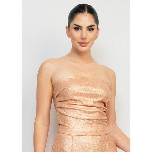 HMT56982(Tops) Metallic Side Pleat Crop Top in Champagne Gold