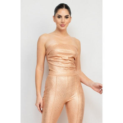 Metallic Snake Print Pleat Crop Top in Champagne Gold