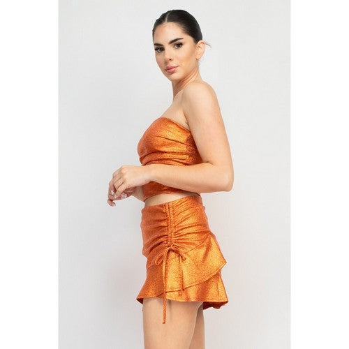 Metallic Snake Print Pleat Crop Top in Rust