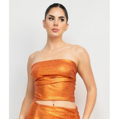 HMT56982(Tops) Metallic Side Pleat Crop Top in Rust