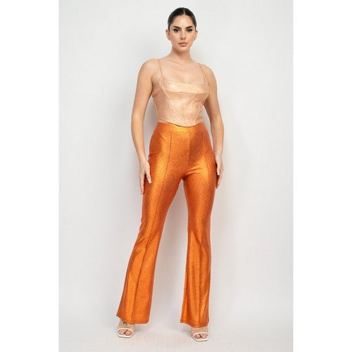 Metallic Snake Print Flare Pants in Rust