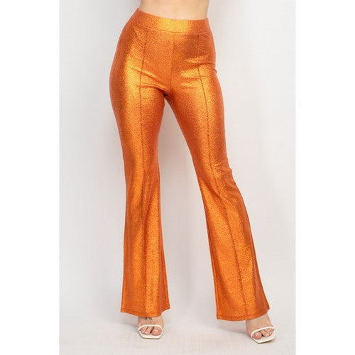 HMP40787(Pants) Metallic High-rise Fitted Flare Pants in Rust