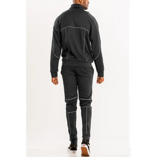 Reflective Piping Slim Fit Tracksuit in Black