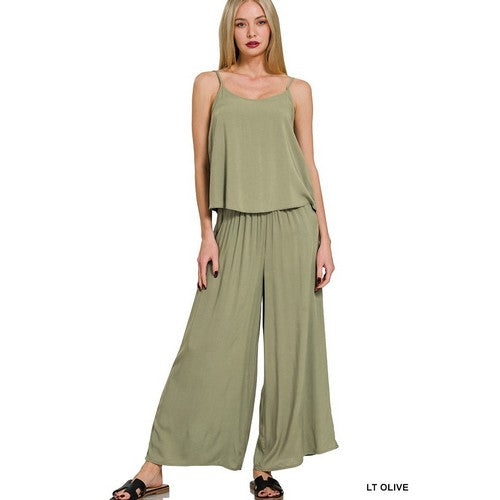 Cami Top & Super Flare Palazzo Pant Set in Light Olive