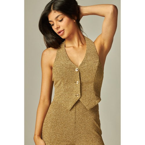NAOMI-300 Metallic Simmer Halter Waistcoat in Gold