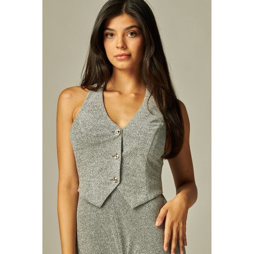 NAOMI-300 Metallic Simmer Halter Waistcoat in Silver