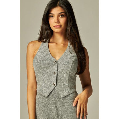 NAOMI-300 Metallic Simmer Halter Waistcoat in Silver