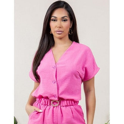 1241 Linen-Look V-Neck Blouse in Fuchsia