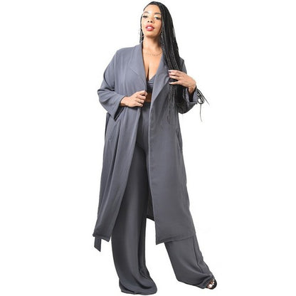 3/4 Sleeve Belted Knee-Length Coat in Charcoal Grey