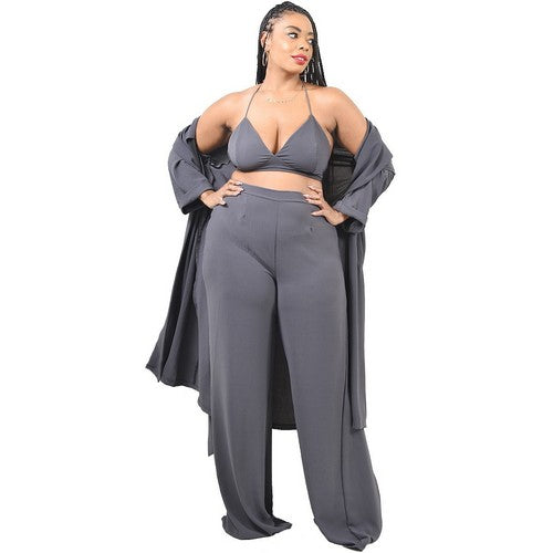 3/4 Sleeve Belted Knee-Length Coat in Charcoal Grey