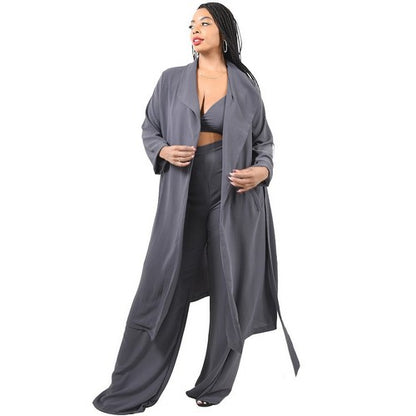 3/4 Sleeve Belted Knee-Length Coat in Charcoal Grey
