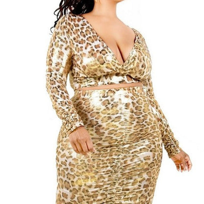 Metallic Leopard Print Skirt Set in Gold