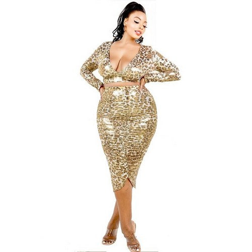 Metallic Leopard Print Skirt Set in Gold