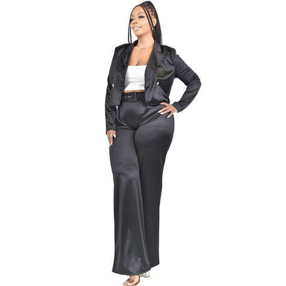 Plus Size Satin Flare Pants in Black