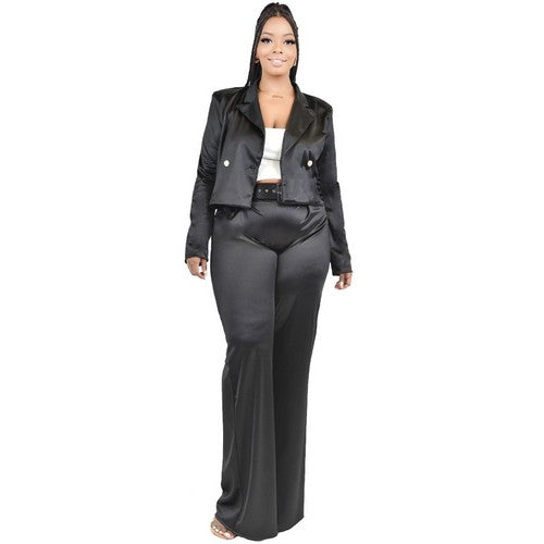 Plus Size Satin Pant Set in Black