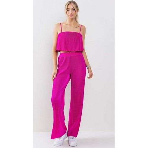 Plissé Wide Leg Pant Set in Magentа
