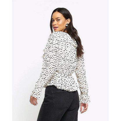 River Island Accordian Pleat Frill Blouse in Black & White Dot