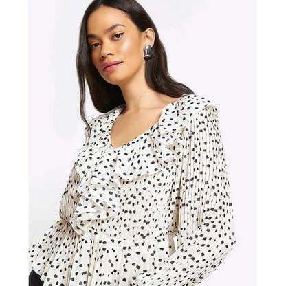 River Island Accordian Pleat Frill Blouse in Black & White Dot
