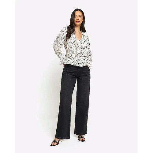 River Island Accordian Pleat Frill Blouse in Black & White Dot