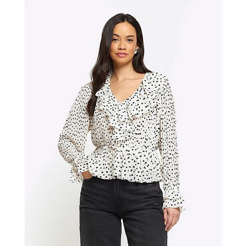 903572 River Island Accordian Pleat Frill Blouse in Black & White Dot