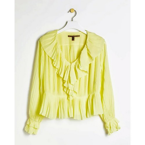 River Island Accordian Pleat Frill Blouse in Yellow