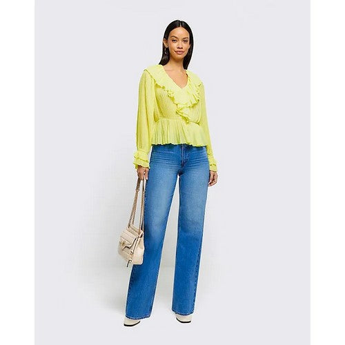 River Island Accordian Pleat Frill Blouse in Yellow