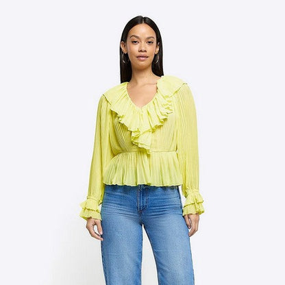 903572 River Island Accordian Pleat Frill Blouse in Yellow