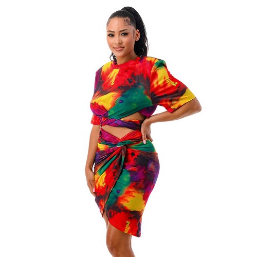 Tie Dye Wrap Tee & Skirt Set