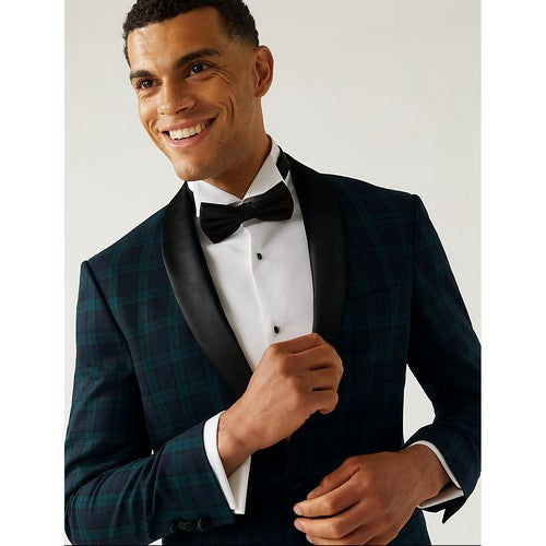 Marks & Spencer Satin Lapel Blazer in Green Plaid