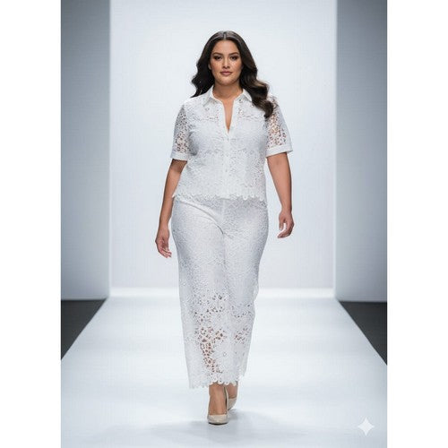 Plus Size Crochet Pant Set in White