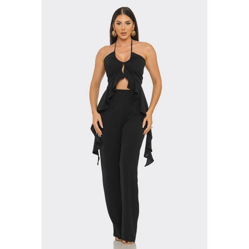 Drape Ruffle Wide Leg Pant Set in Black