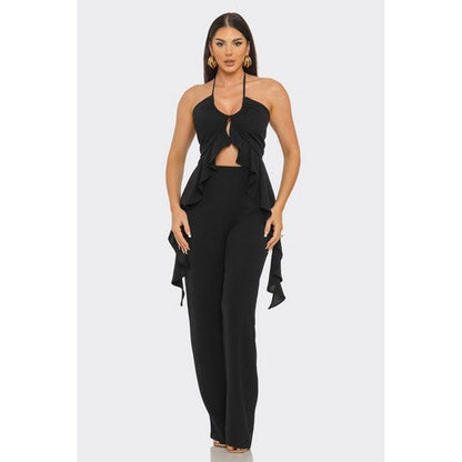 Drape Ruffle Wide Leg Pant Set in Black