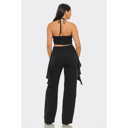 Drape Ruffle Wide Leg Pant Set in Black