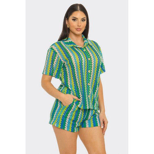 Zig Zag Crochet Short Set in Green Multi