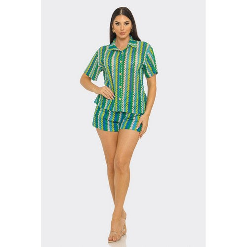 Zig Zag Crochet Short Set in Green Multi