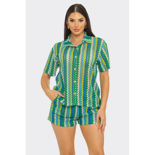 Zig Zag Crochet Short Set in Green Multi