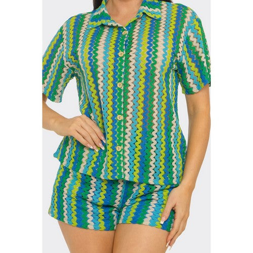 Zig Zag Crochet Short Set in Green Multi