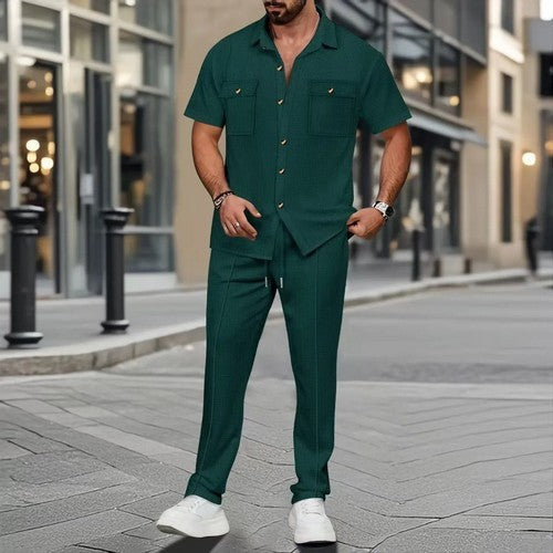 Dressy Patch Pocket Shirt & Slim Fit Jogger Set in Dark Green