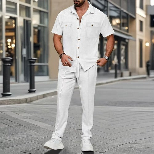 Dressy Patch Pocket Shirt & Slim Fit Jogger Set in White