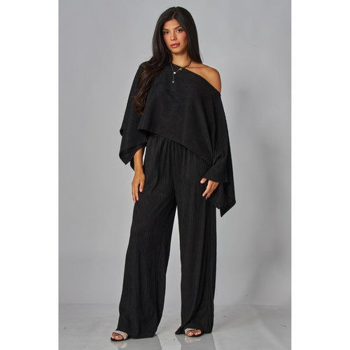 Luxe Crinkle Kimono Cape & Pant Set in Black