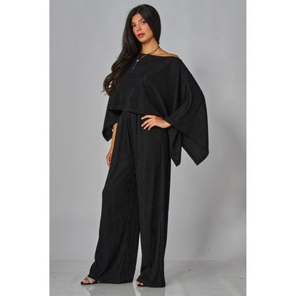 Luxe Crinkle Kimono Cape & Pant Set in Black