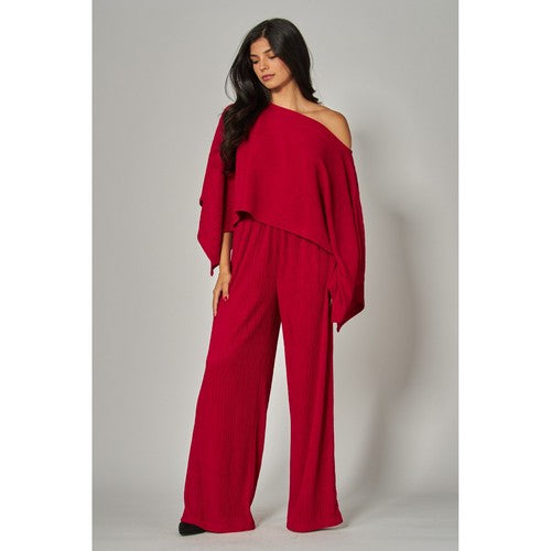 Luxe Crinkle Kimono Cape & Pant Set in Cranberry
