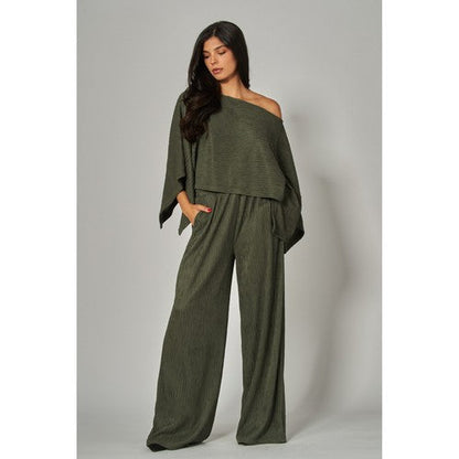 Luxe Crinkle Kimono Cape & Pant Set in Dusty Olive