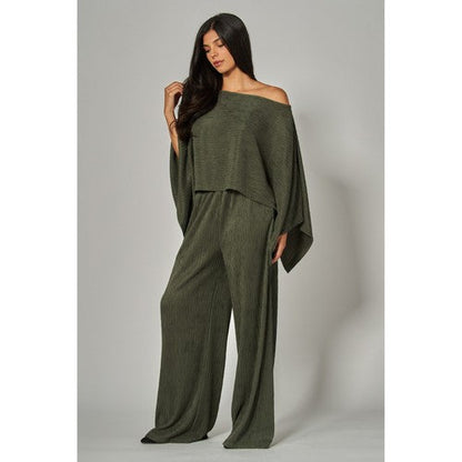 Luxe Crinkle Kimono Cape & Pant Set in Dusty Olive
