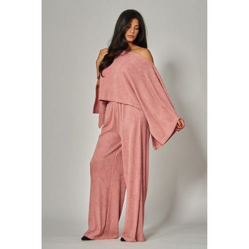 Luxe Crinkle Kimono Cape & Pant Set in Rose Pink