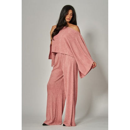 Luxe Crinkle Kimono Cape & Pant Set in Rose Pink