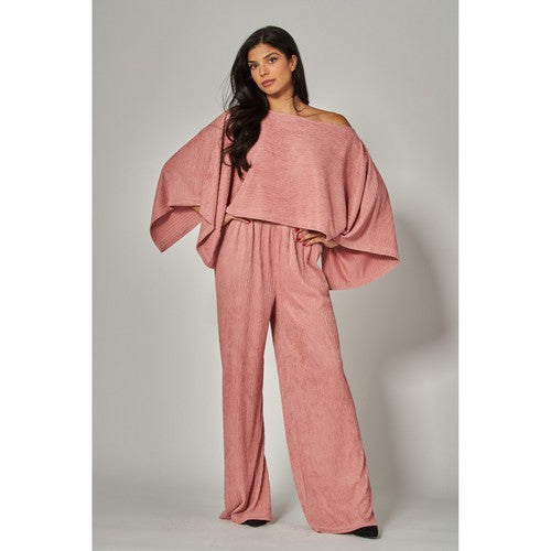 Luxe Crinkle Kimono Cape & Pant Set in Rose Pink