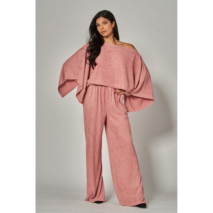 Luxe Crinkle Kimono Cape & Pant Set in Rose Pink